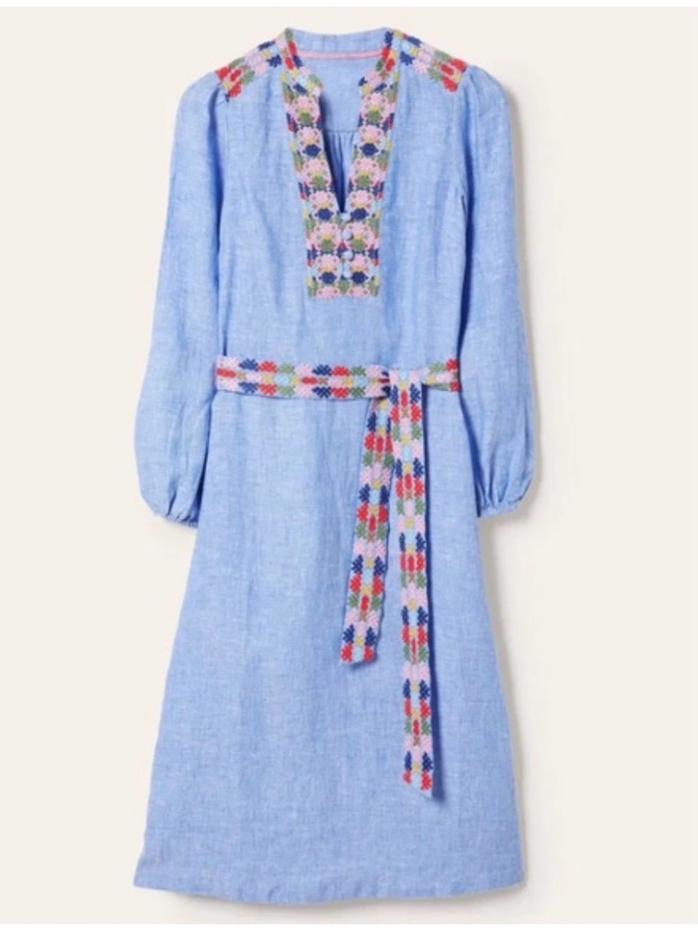 BODEN Chambray Light Blue Embroidered Linen Dress with Floral Belt
